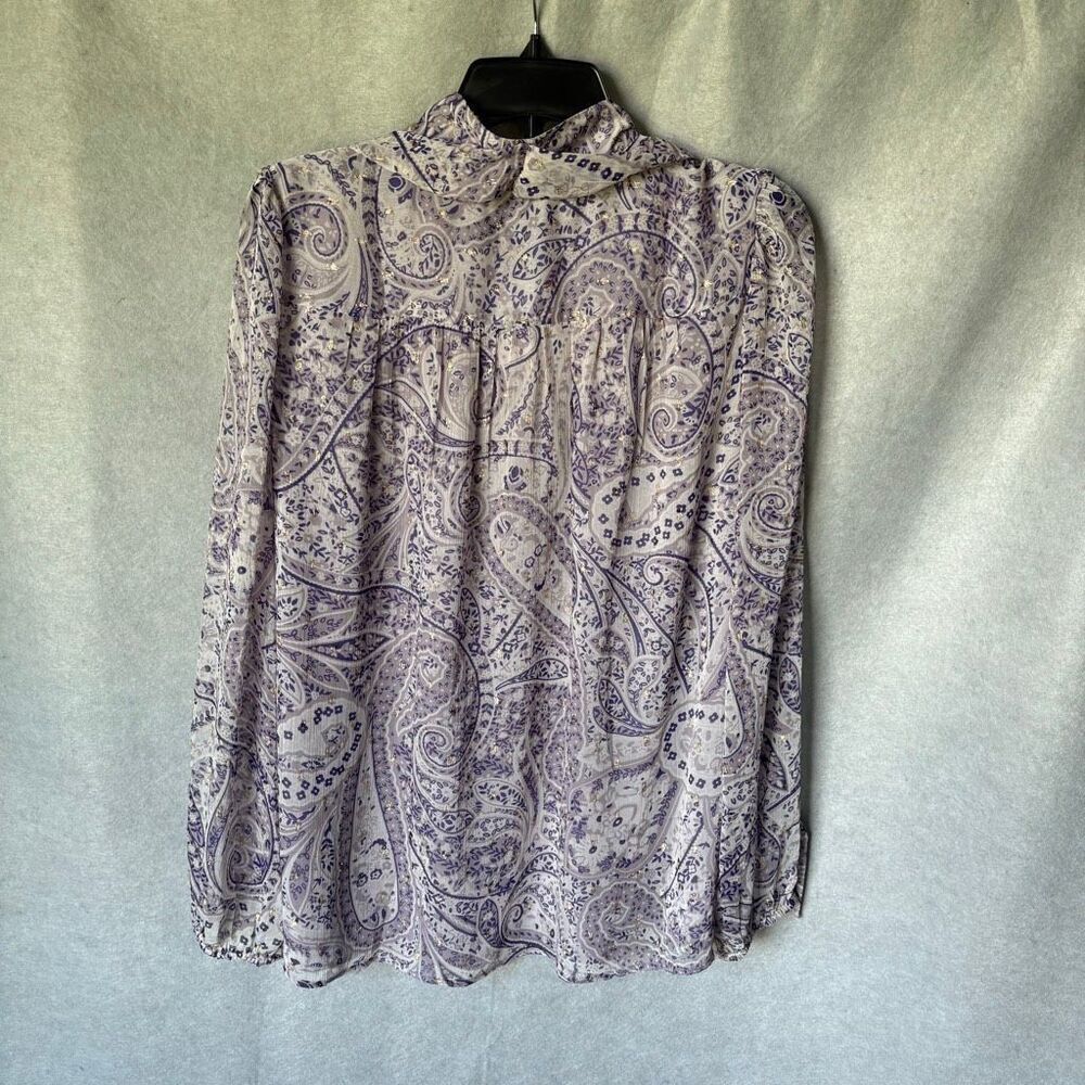 NEW Ann Taylor Purple Paisley Metallic Gold Button Down Tie Blouse Size L Boho - Picture 3 of 7